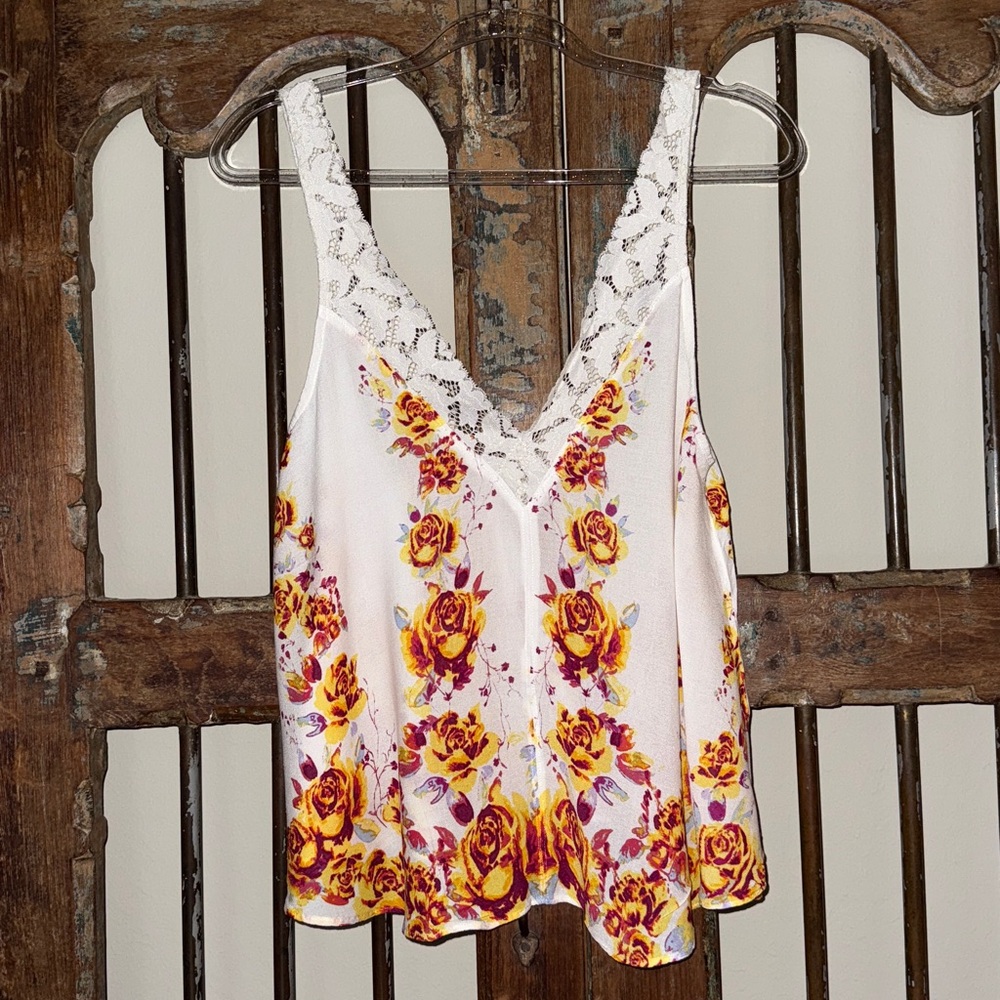 Free People Floral Lace Trim Tank Top - White and Yellow